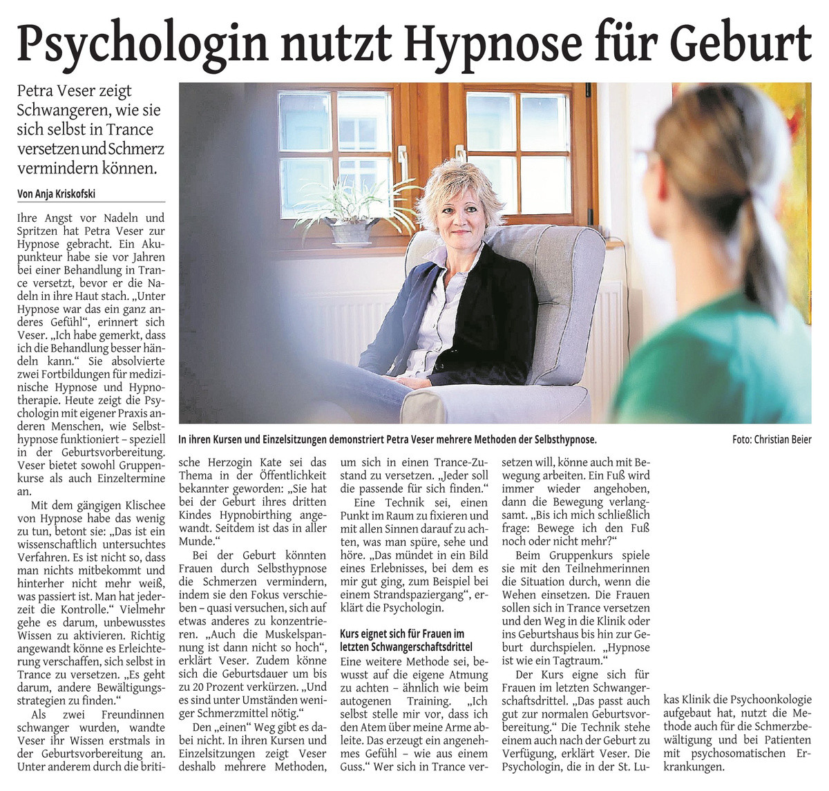 Psychologin nutzt Hypnose für Geburt - Solinger Tageblatt, 19.01.2019